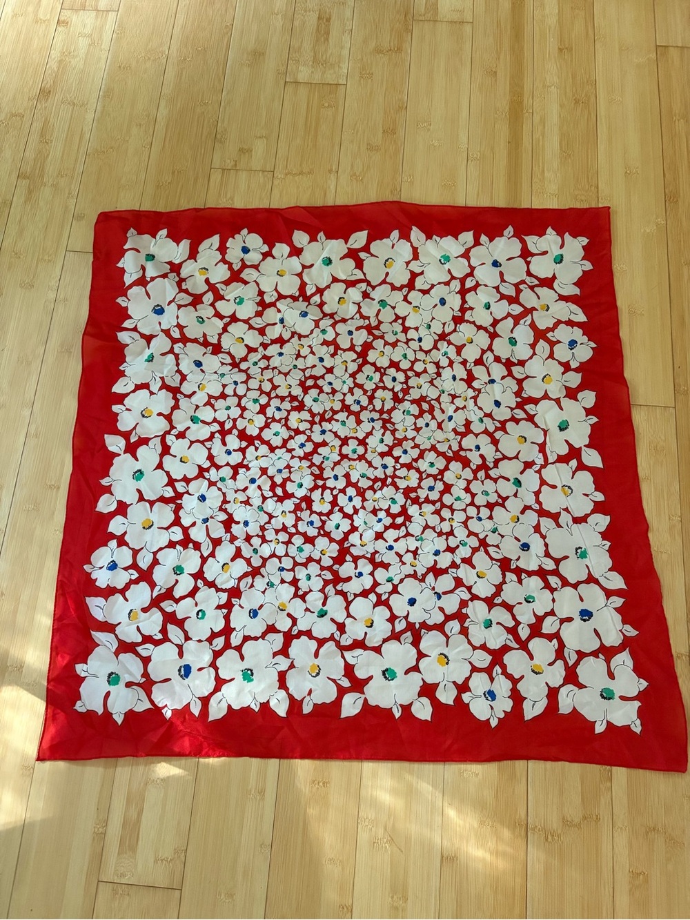 Vintage Silk Red Floral Square Scarf with White Blossoms